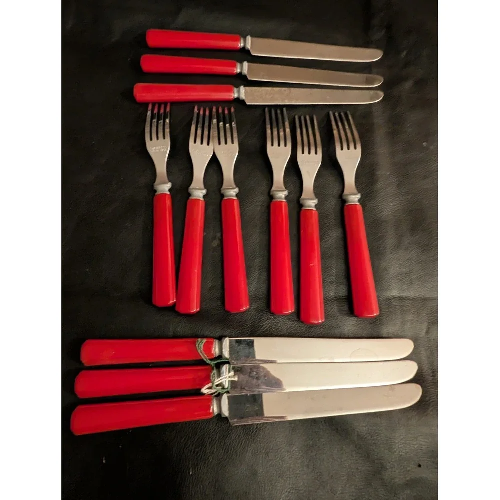 Vintage 12pc Red Bakelite Style Flatware Set Stainless Steel 6 Knives 6 Forks